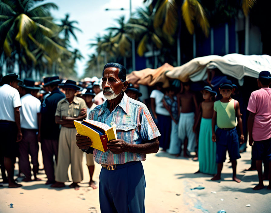 Elderly man reading book with people and palm trees in background