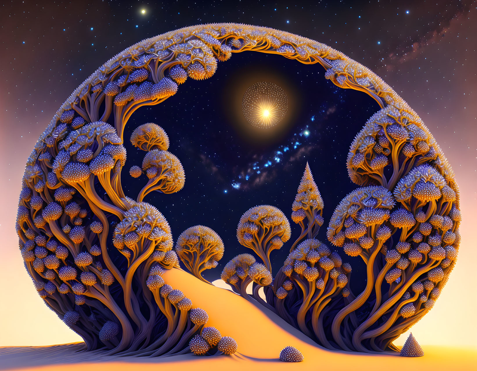 Surreal landscape with ornate trees in circular frame under starry sky