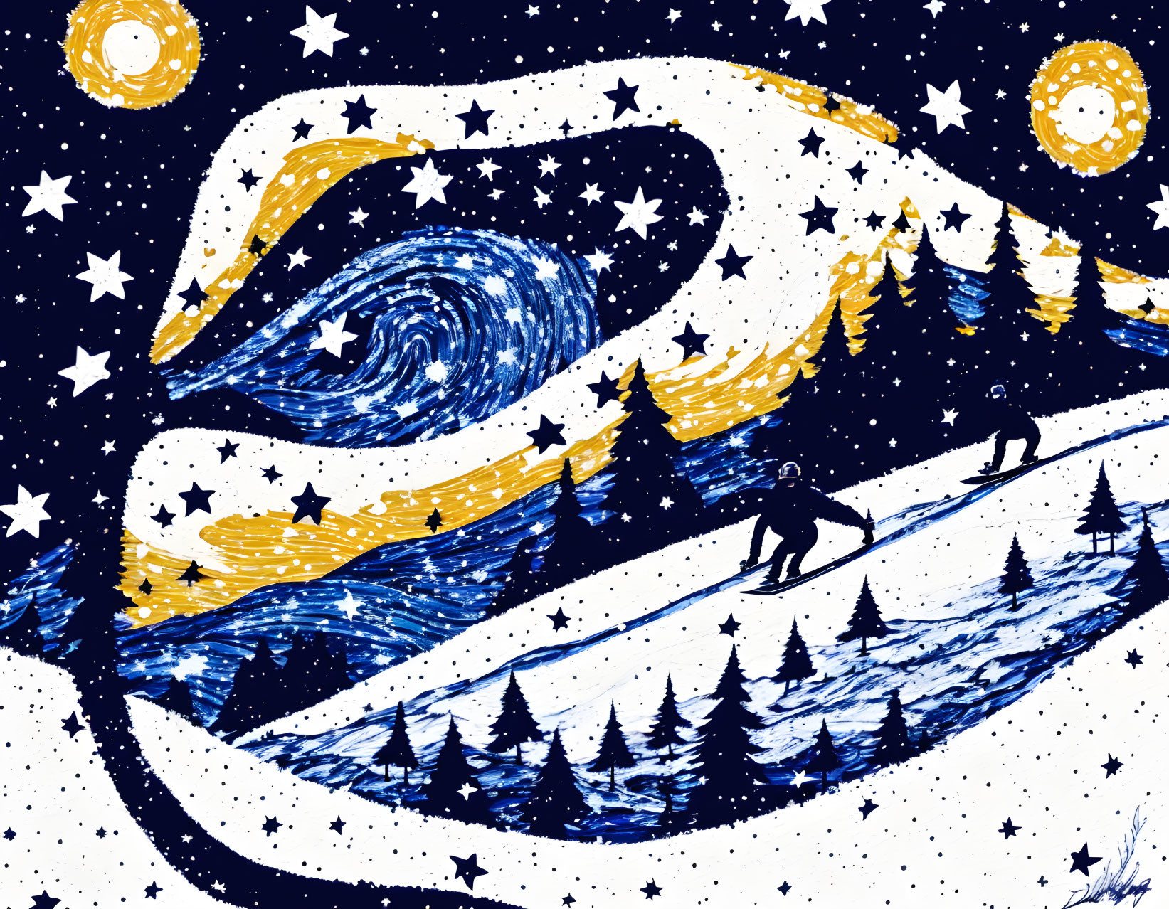 Illustration of skiers on snowy mountain under starry night sky