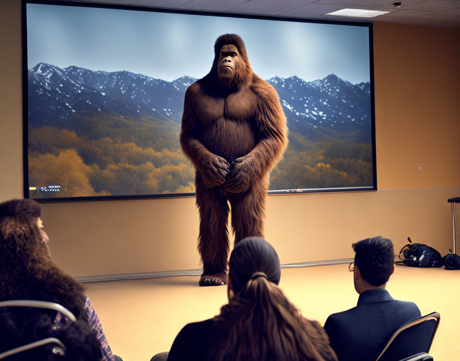 Realistic gorilla in conference room business presentation setting