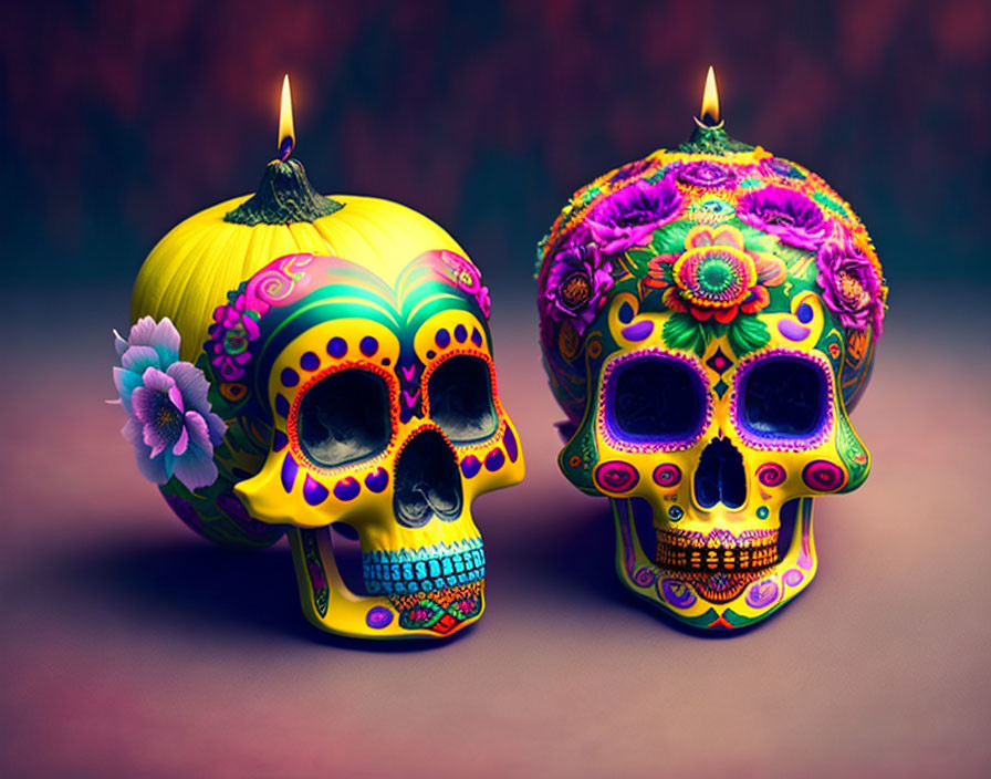 Colorful sugar skulls with candles for Day of the Dead.