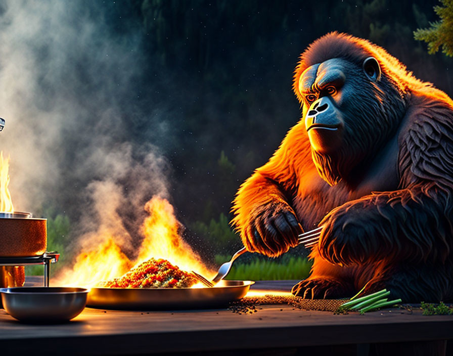 Animated gorilla cooking on outdoor grill in serene forest setting at dusk