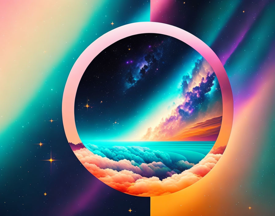 Colorful Abstract Cosmic Circular Frame with Space, Stars, Clouds, and Ocean on Multicolored