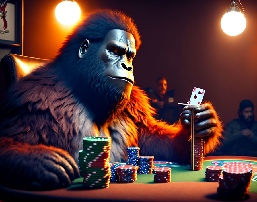 3D-animated gorilla at casino poker table with chips under moody lighting