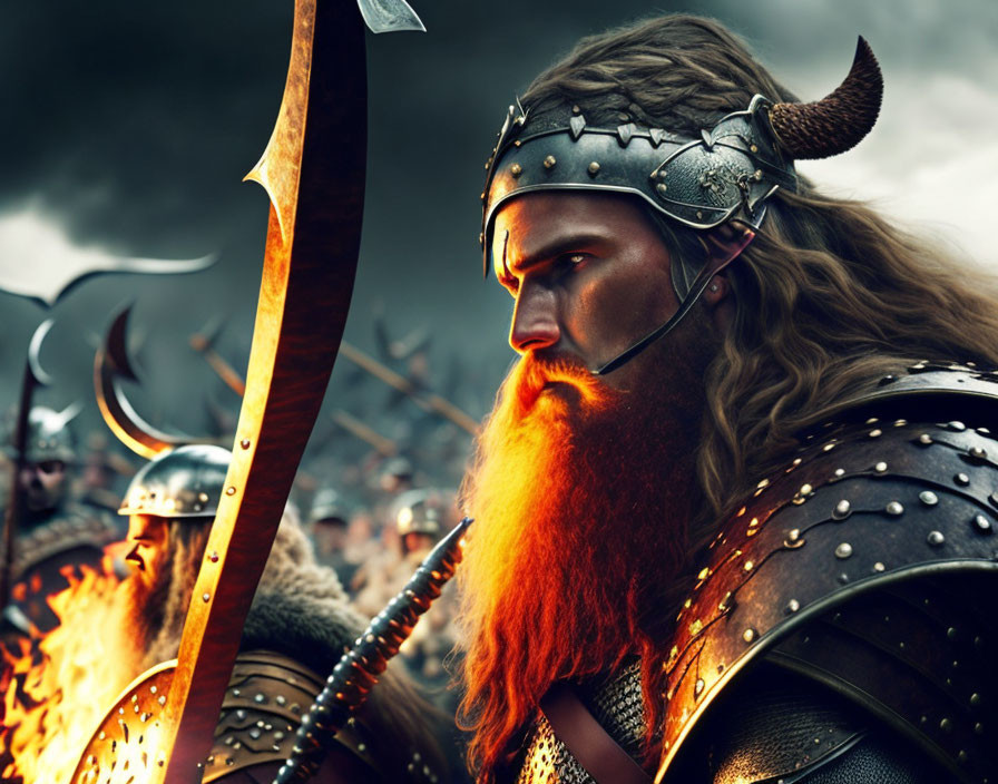 Viking warrior in horned helmet with sword on fiery battlefield