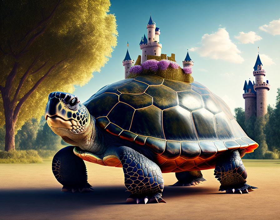 Castle-like Shell Tortoise in Whimsical Landscape & Blue Sky