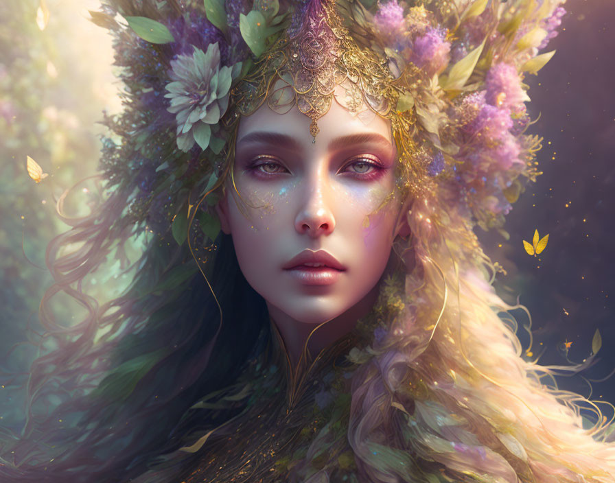 Mystical woman with floral head adornments and butterflies