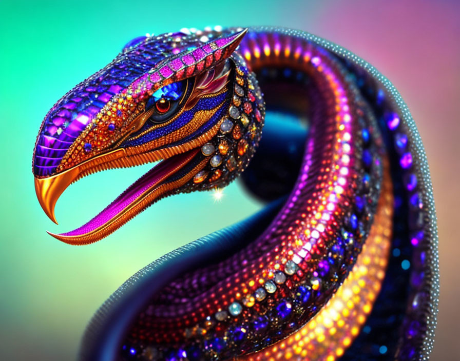 Colorful Jewel-Encrusted Snake on Rainbow Background