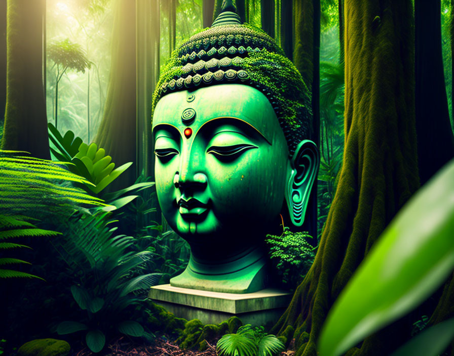 Buddha statue in lush greenery with filtering light