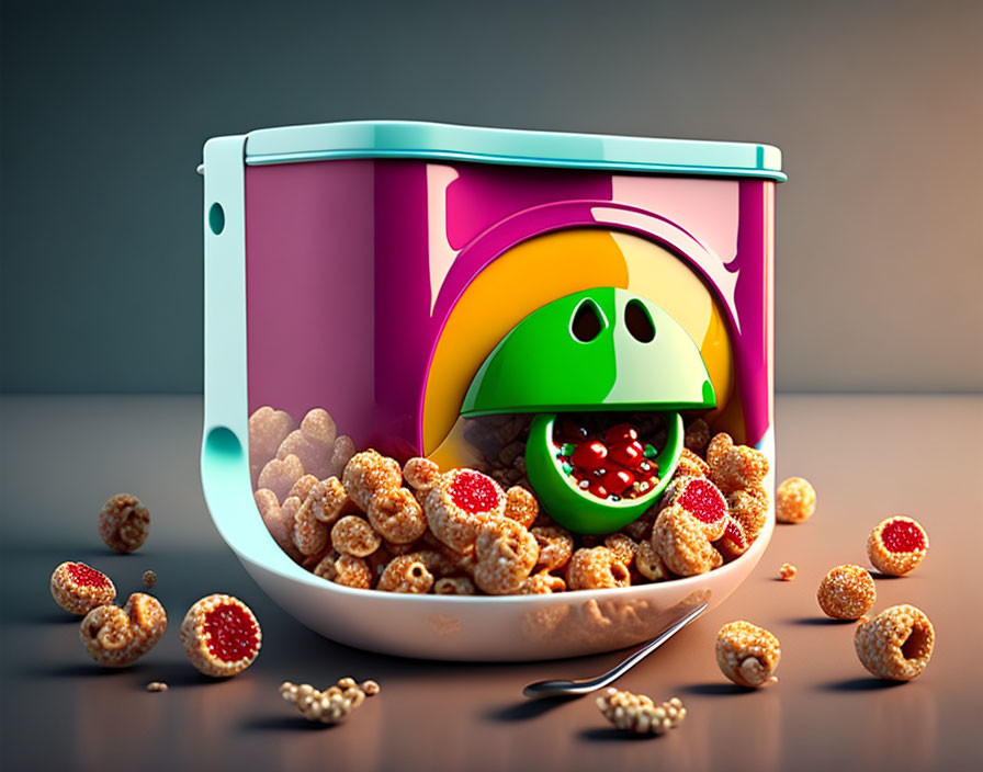 Colorful Cereal Box with Cheerful Character Design Spilling Cereal and Milk