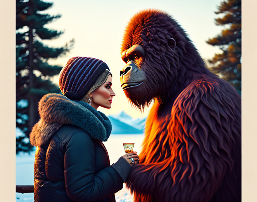 Woman and gorilla sharing a quiet moment in snowy setting with drink offer