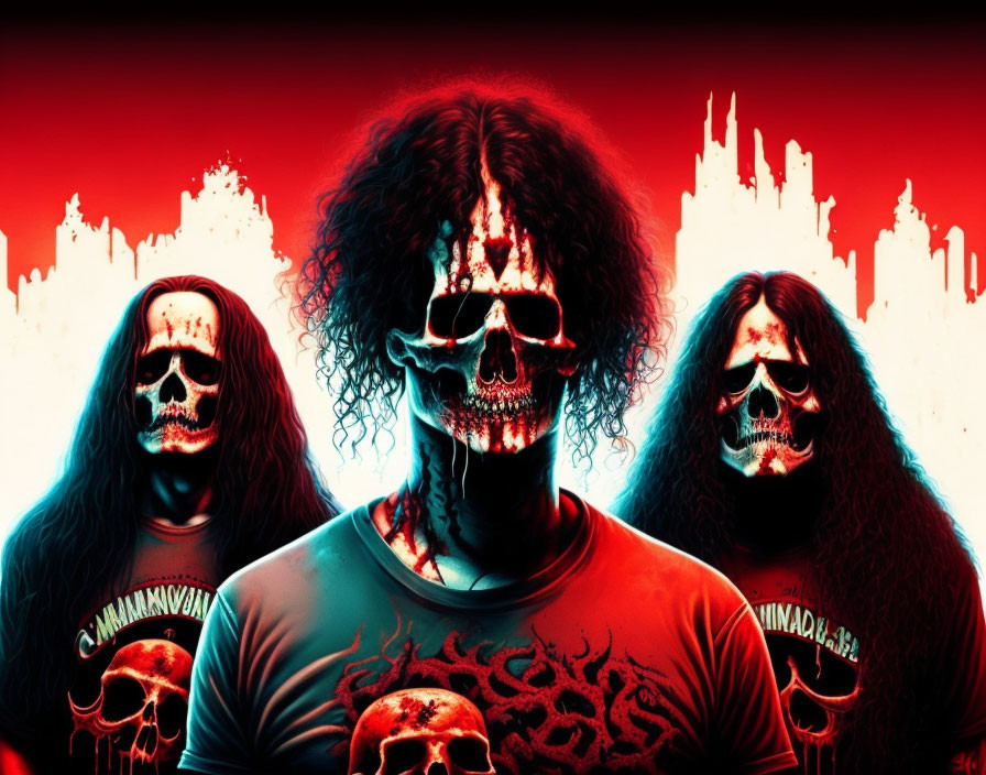 Three people in skull face paint on red background with eerie castle silhouettes; middle figure with glowing