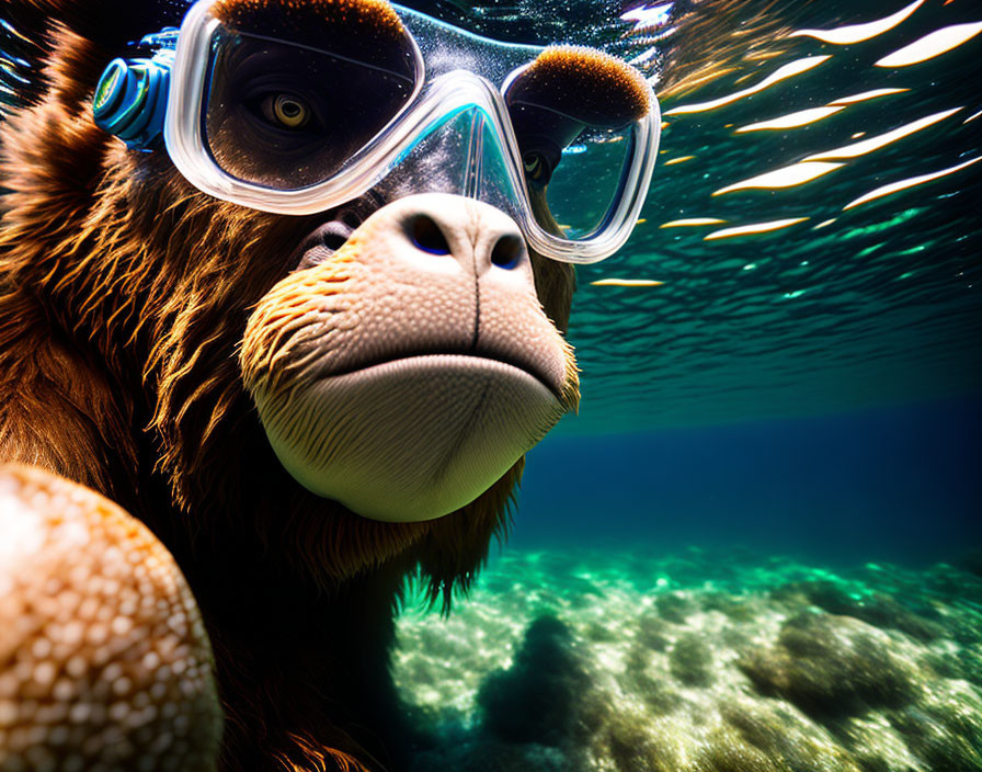 Orangutan with diving mask underwater in clear sea view