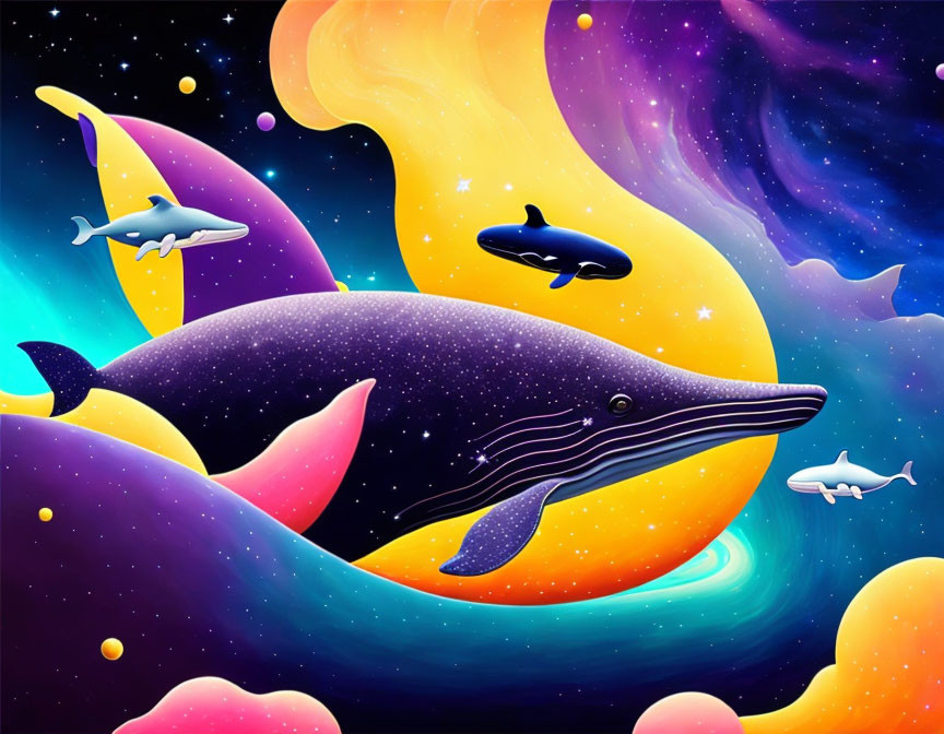 Whales, Shark, and Cosmic Space Illustration with Stars and Nebulae