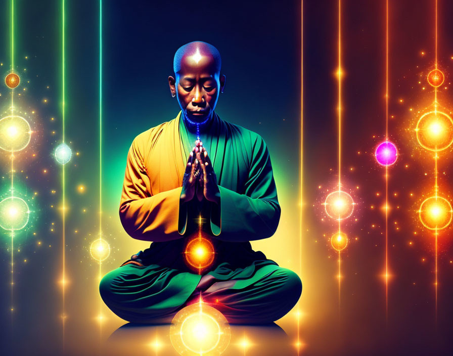 Person meditating with colorful chakra lights and glowing orbs