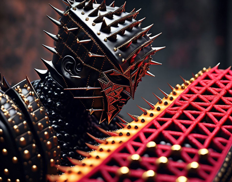 Futuristic spiked helmet and shoulder guard with glowing orange details