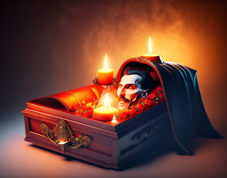 Illustrated scene: Ornate coffin with roses, classic portrait, blue velvet cloth, lit candles