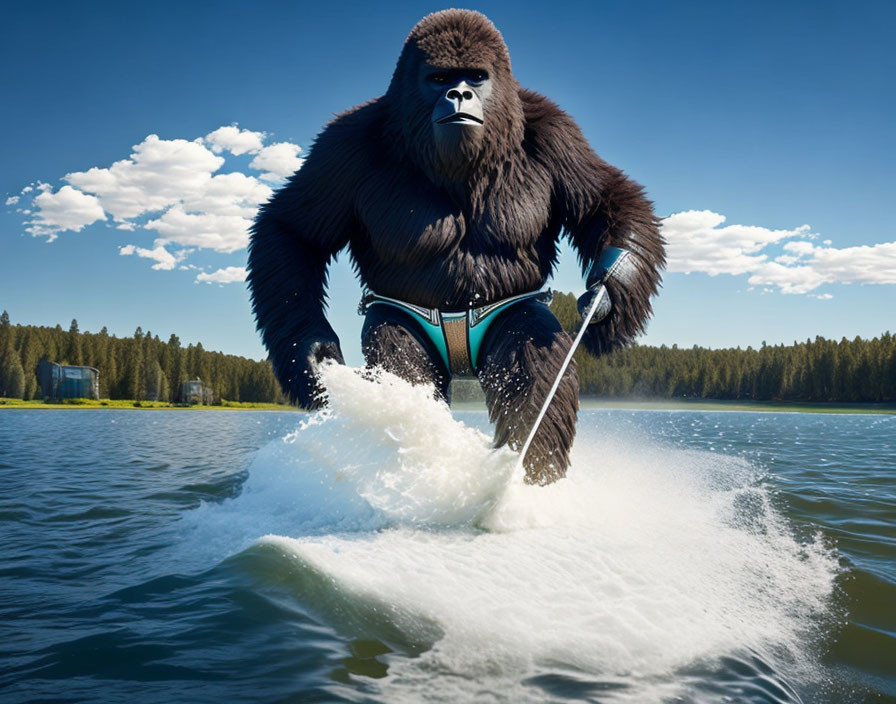 Anthropomorphic gorilla waterskiing on a lake under clear blue sky