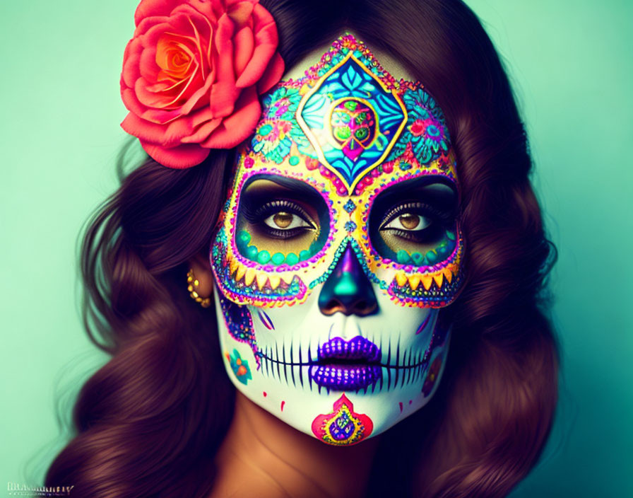 Elaborate Day of the Dead makeup with vibrant colors and rose in hair