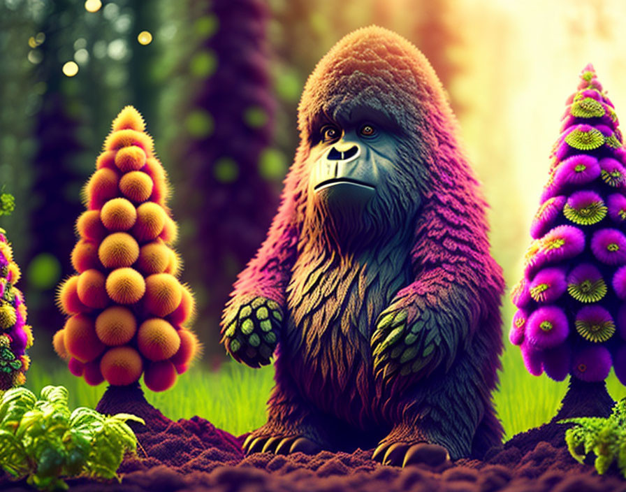 Vibrant gorilla illustration in whimsical forest with purple, orange, and green flora