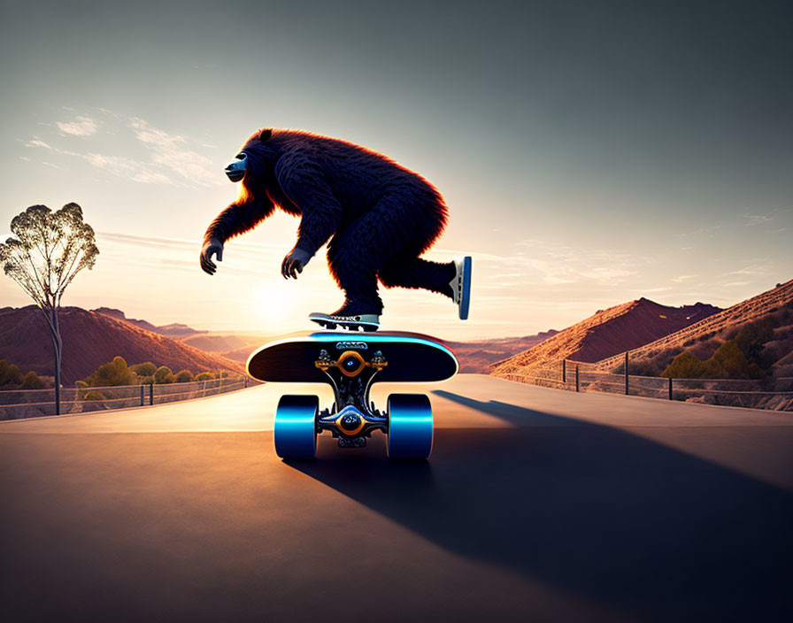 Gorilla skateboarding on road at sunset amid rolling hills