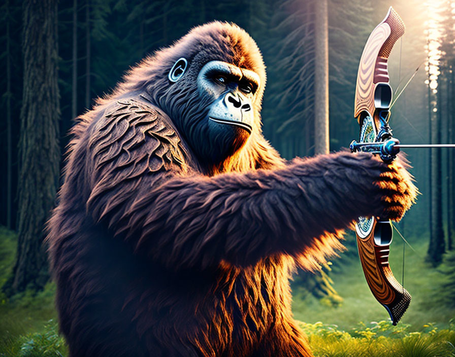 Digital artwork of gorilla with compound bow in forest setting