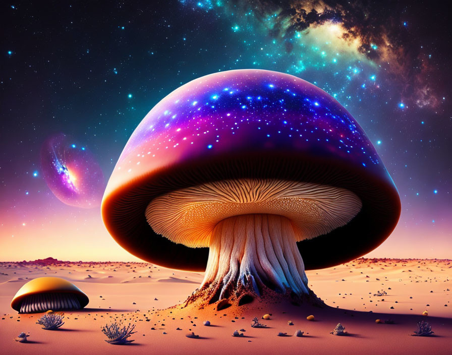 Colorful digital art: Giant galaxy mushrooms in celestial desert