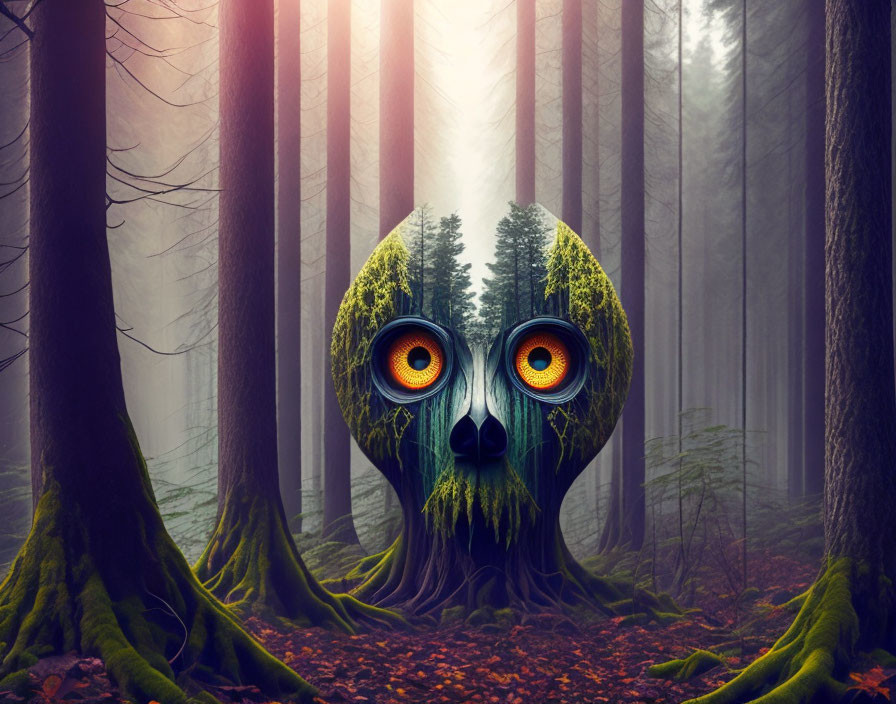 Forest scene with tree trunk transforming into creature's face and orange eyes