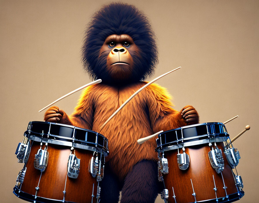 Animated gorilla with drumsticks playing three drums