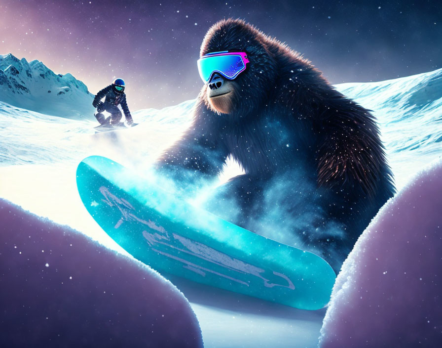 Giant gorilla snowboarding with human on snowy mountain under starry night sky