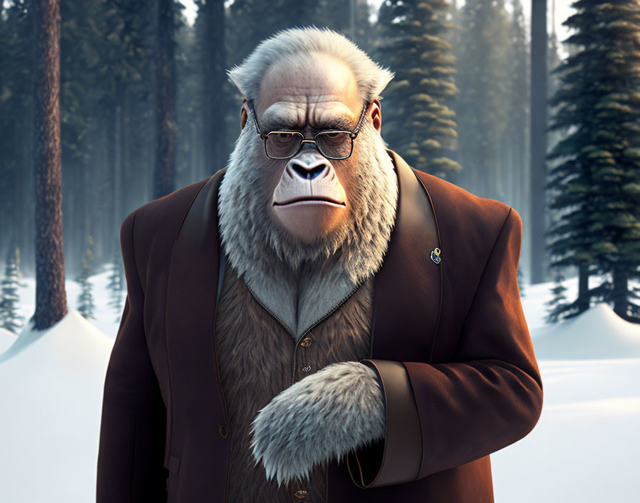 Animated gorilla in suit in snowy forest