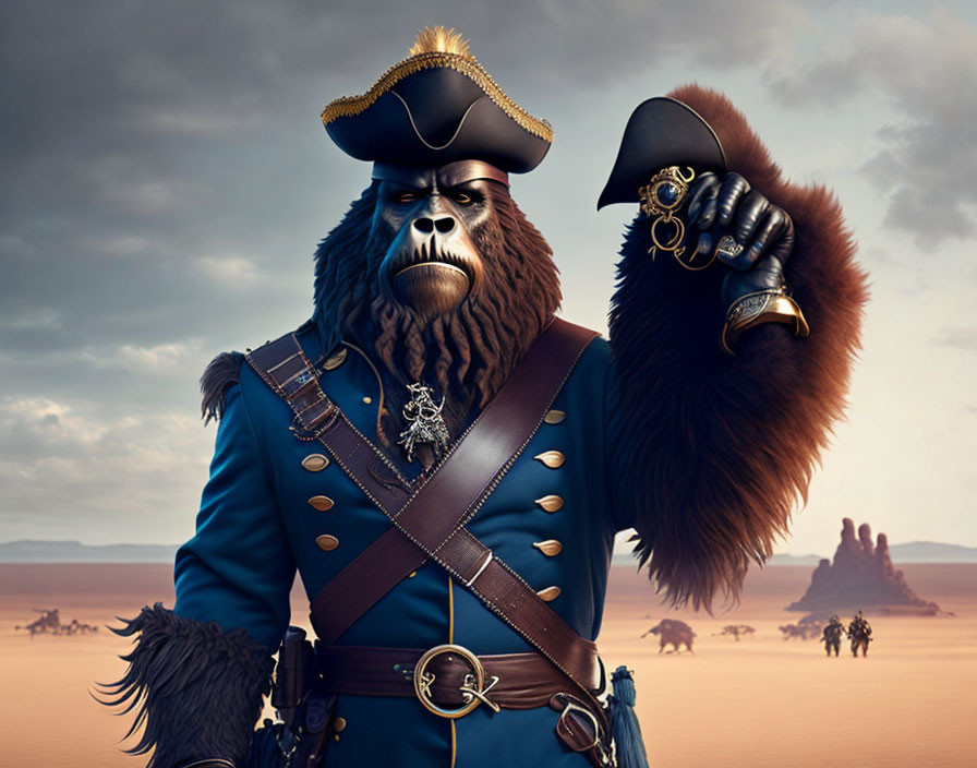 Anthropomorphic gorilla pirate captain in desert with tiny cavalry