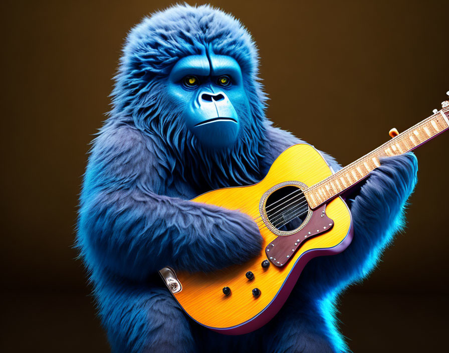Blue gorilla playing acoustic guitar on warm brown background
