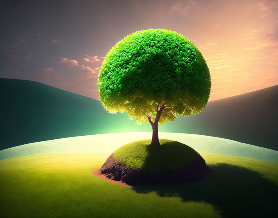 Vibrant green tree on small hill under sunset sky