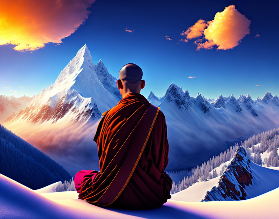 Monk Meditating on Snowy Peak at Sunrise