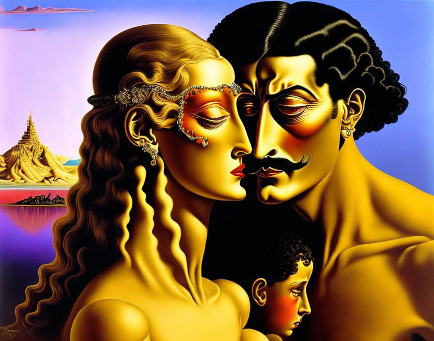 Surrealist painting of man, woman, and child's face against abstract landscape