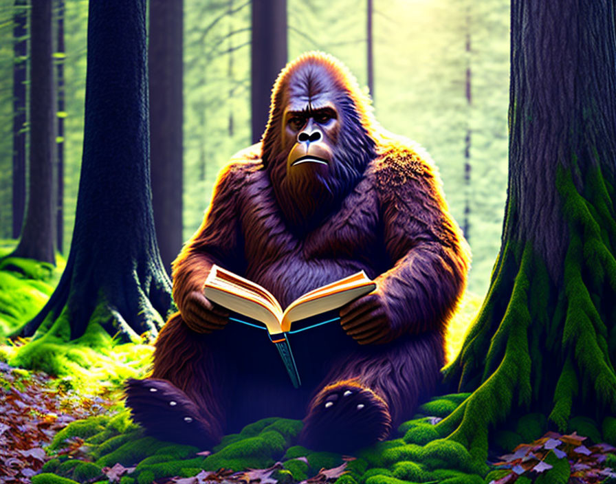 Gorilla Illustration Reading Book in Forest