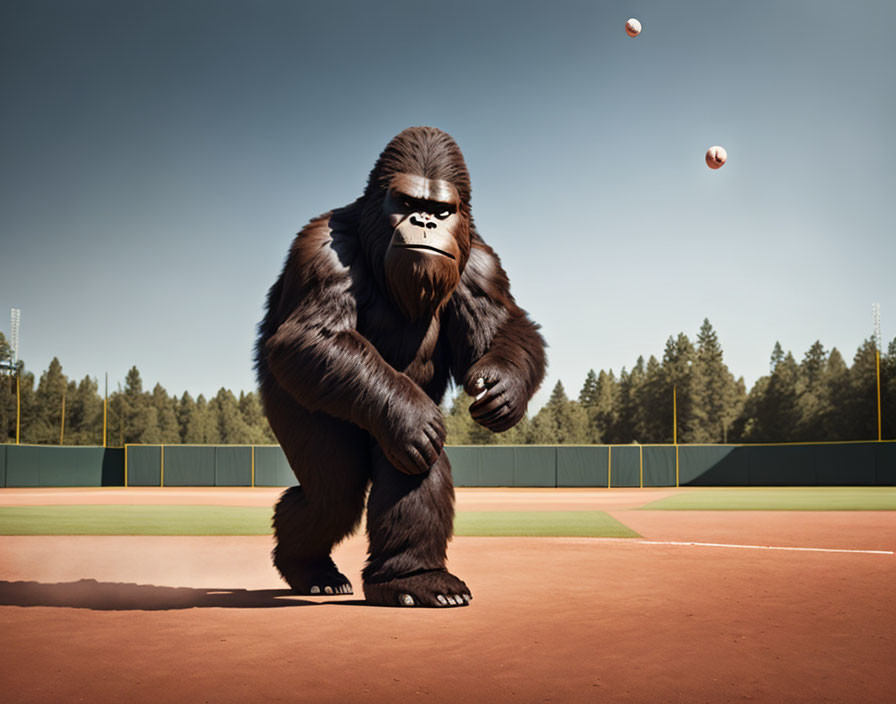 Gorilla in sunglasses on baseball diamond with clear skies and stadium lights