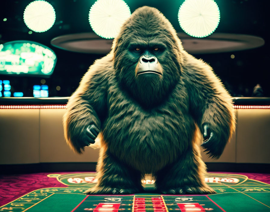 Realistic gorilla at casino table with vibrant lights & dark background