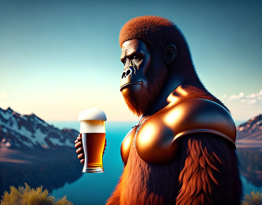 Muscular gorilla holding a beer pint in serene lakeside mountain scene