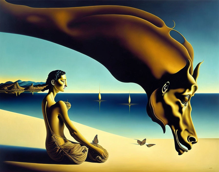 Surreal painting: Woman with flowing hair becomes horse's head at beach