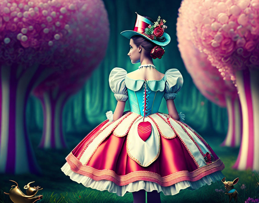 Woman in Alice in Wonderland costume in whimsical forest with candy-colored trees & playful creatures