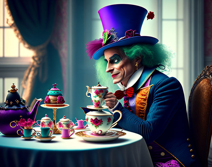 Colorful Mad Hatter Tea Party Scene with Ornate Teapots and Cups