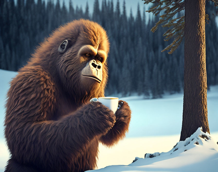 Animated gorilla with coffee cup in snowy dusk landscape