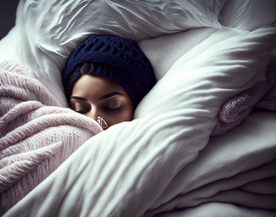 Person in Blue Knitted Hat Sleeping in White Pillows and Pink Blanket