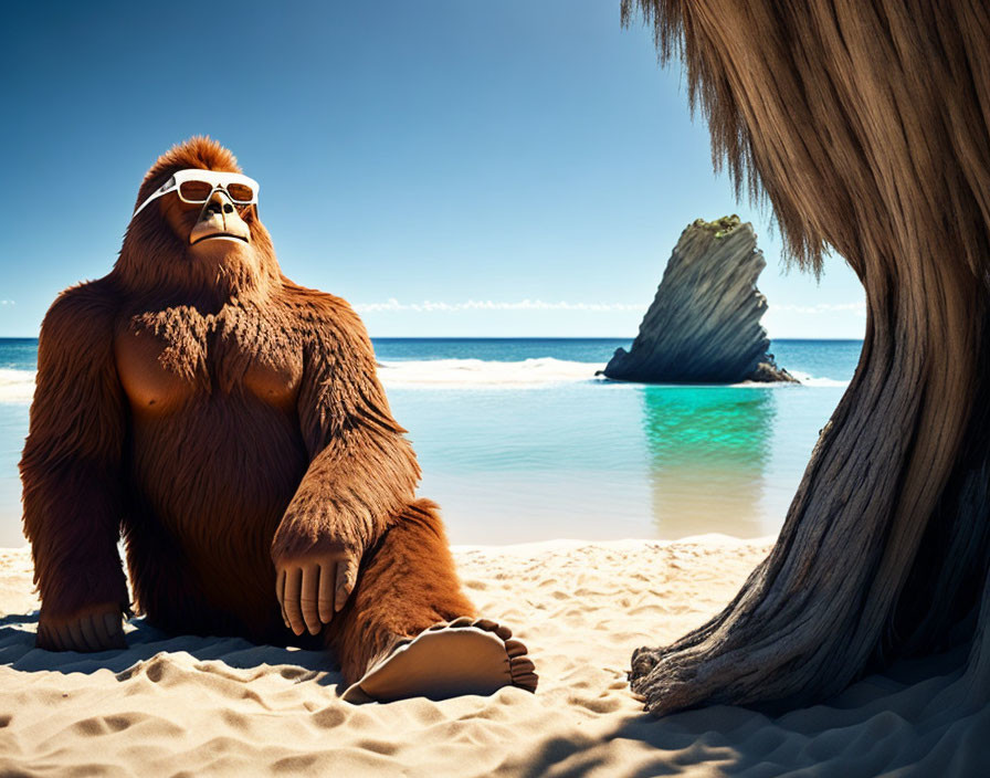 Orangutan in sunglasses relaxing on beach with sea view