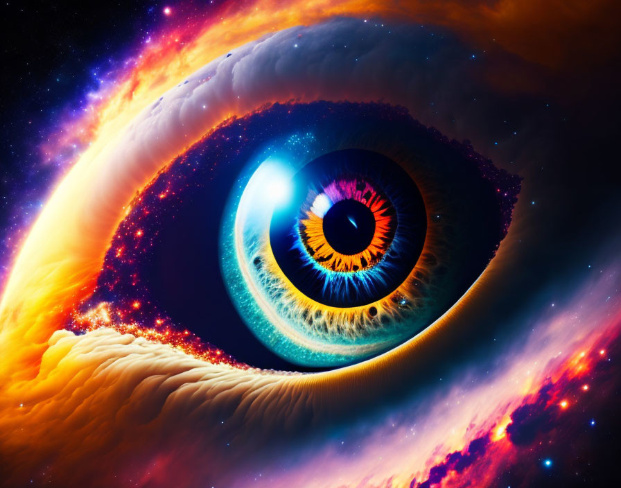 Vibrant human eye merges with cosmic elements in surreal image