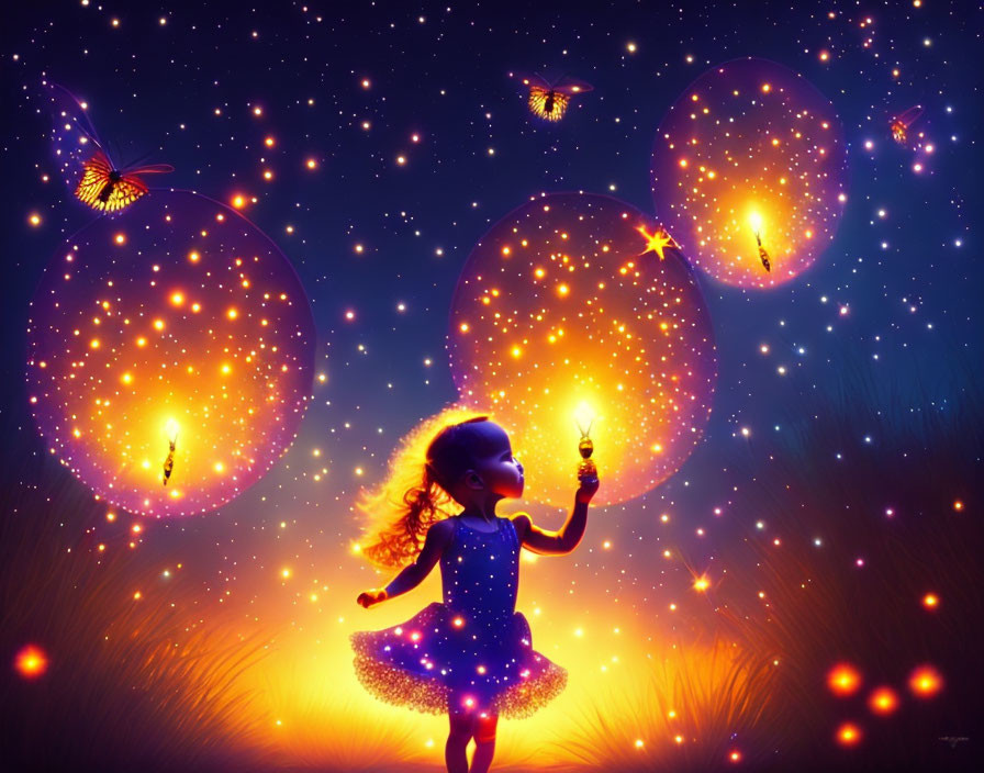 Young girl with lantern in night scene with bubbles, fireflies, and butterfly.