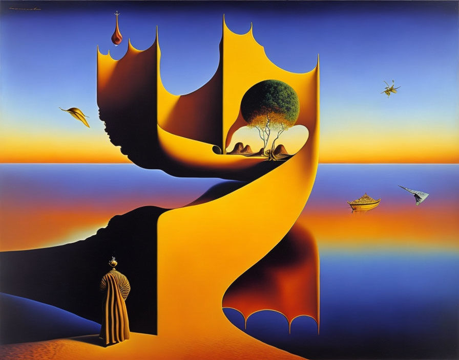 Surreal painting: figure in robes, tree silhouette, ships, floating drop, orange-blue sky