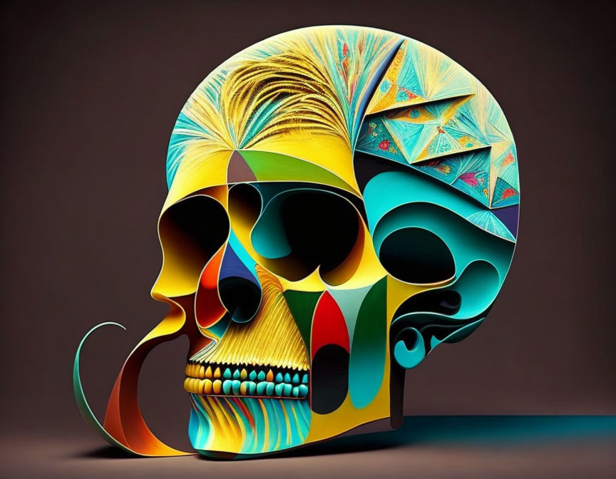 Vibrant human skull artwork with decorative patterns and colorful mustache